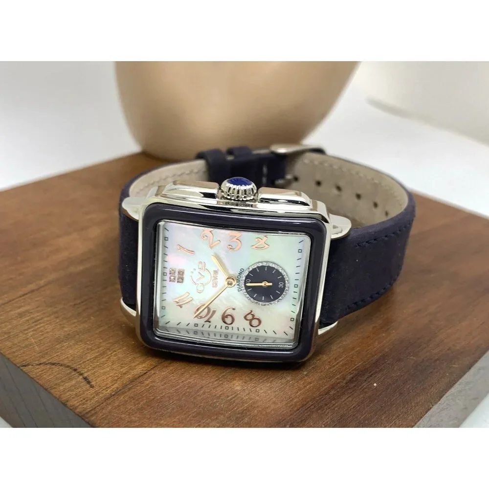 GV2 by Gevril Women's Watch 9260 Swiss Quartz Mother of Pearl Dial Blue Leather